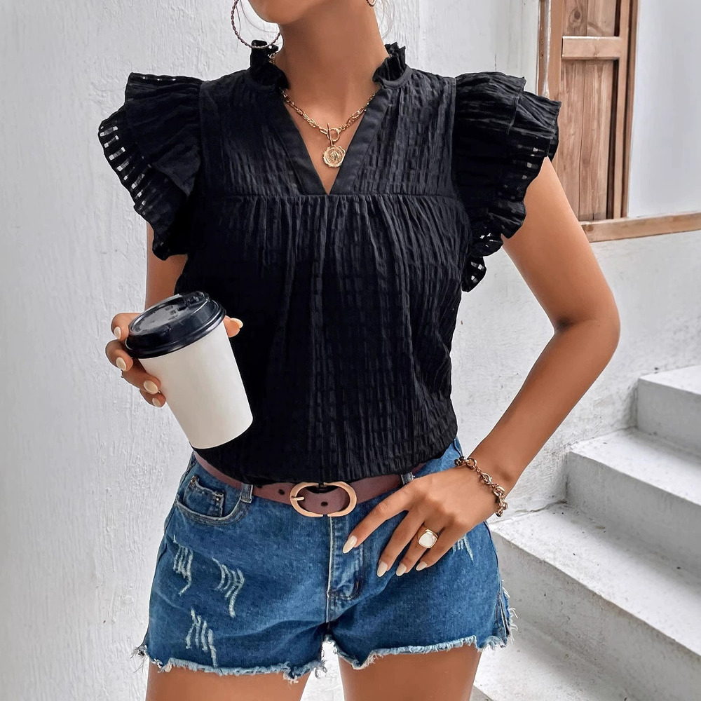 ZARA Summer Solid Color Ruffle Sleeve Short Sleeve Top with Collar